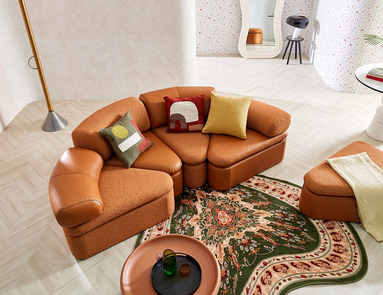 Bộ ghế sofa Shukre Modular Combination (Da tự nhiên Aniline + Vải dệt trơn) (5 chiếc)