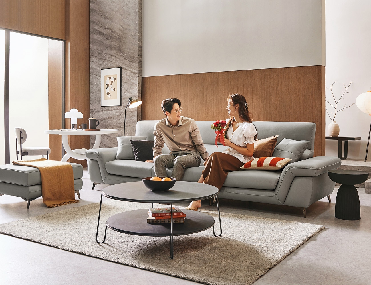 Ghế sofa da cotton tự nhiên co rút Fleur 4 chỗ (Da thật hoàn toàn) + 2 đệm