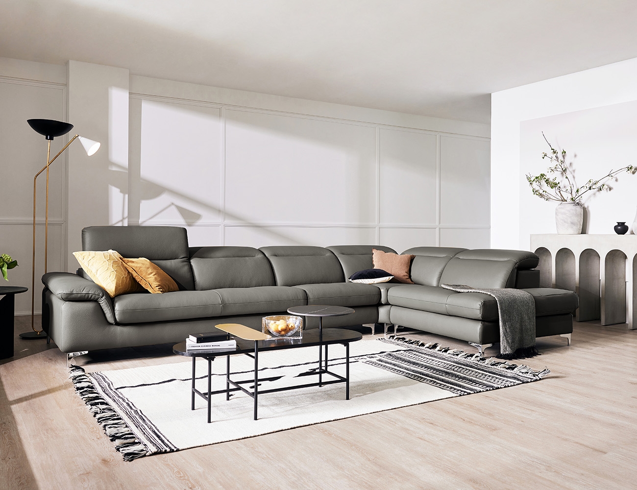 Ghế sofa góc tiện dụng 6 chỗ ngồi làm từ da bò cotton tự nhiên Cushion Plus