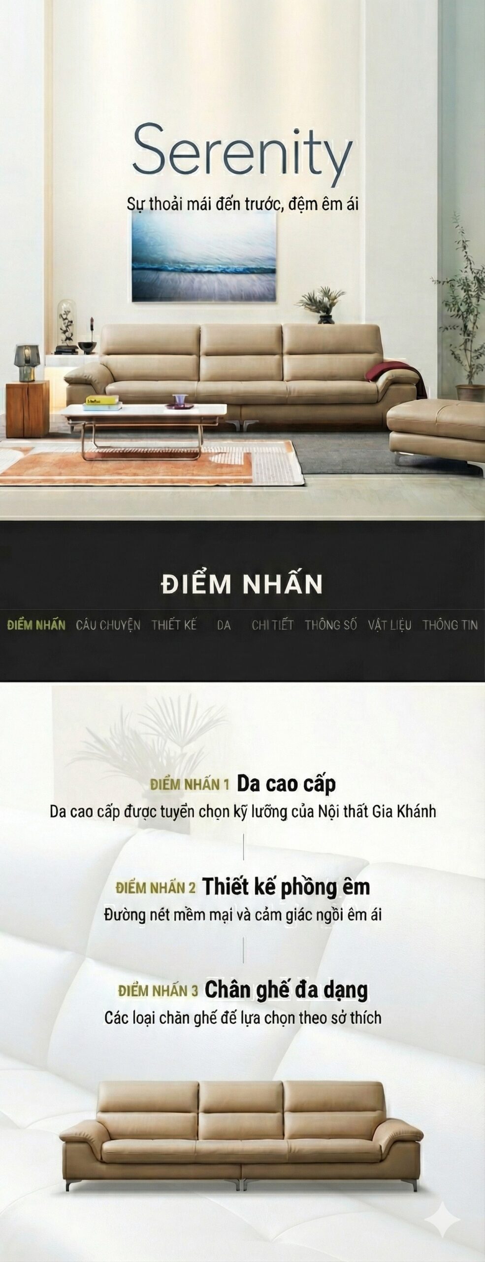 Sofa da Serenity Nội thất Gia Khánh – thiết kế sang trọng tông màu kem, phù hợp phòng khách hiện đại
