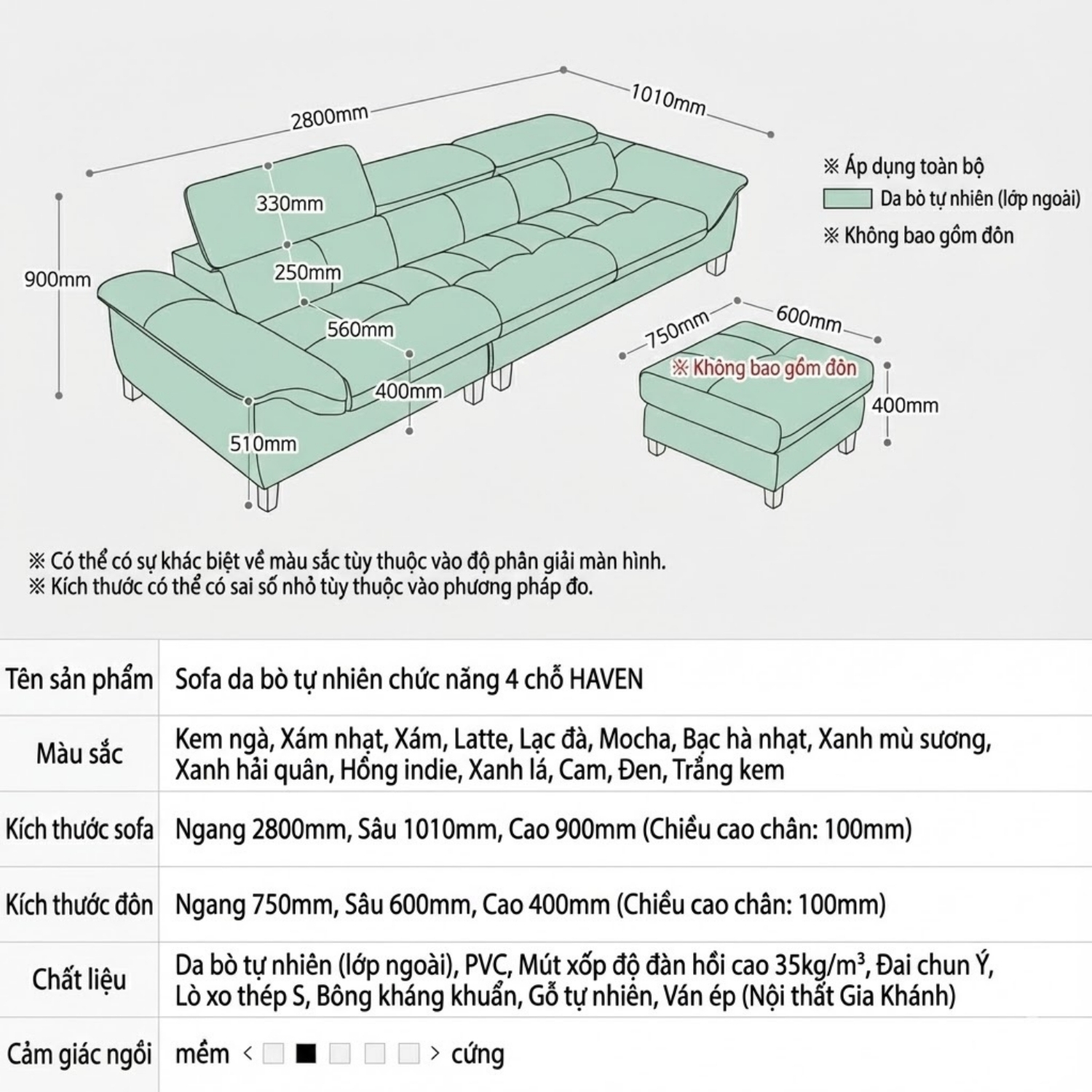 ghế sofa da bò tự nhiên haven