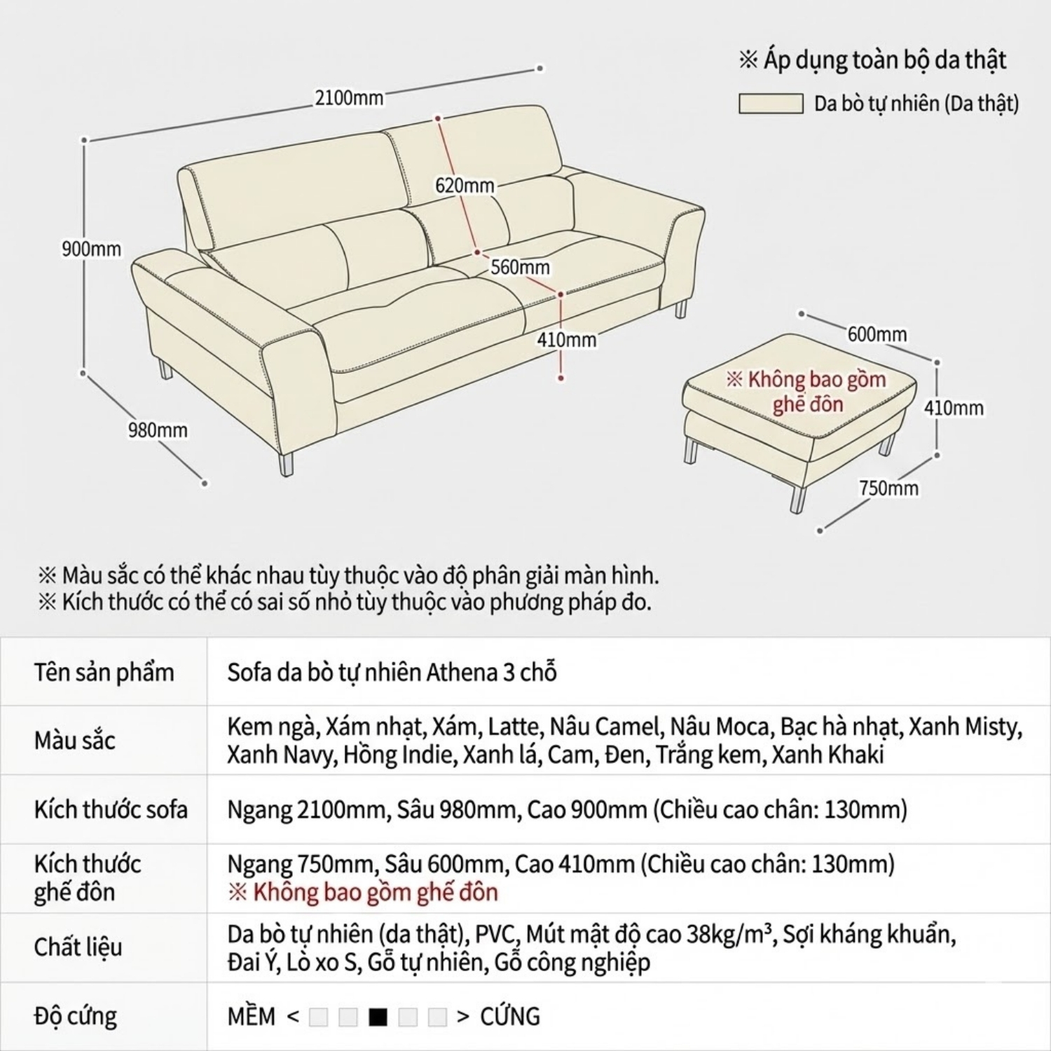 Ghế Sofa Da Hiện Đại Dáng Băng Athena